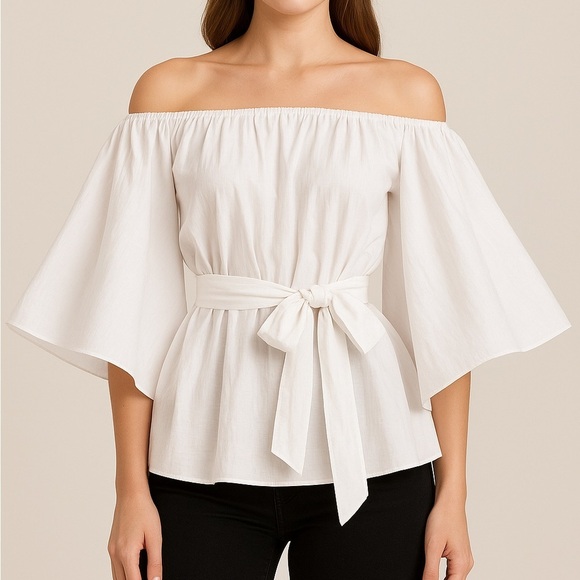 Tanya Taylor white off shoulder belted flare sleeve blouse - Picture 1 of 5